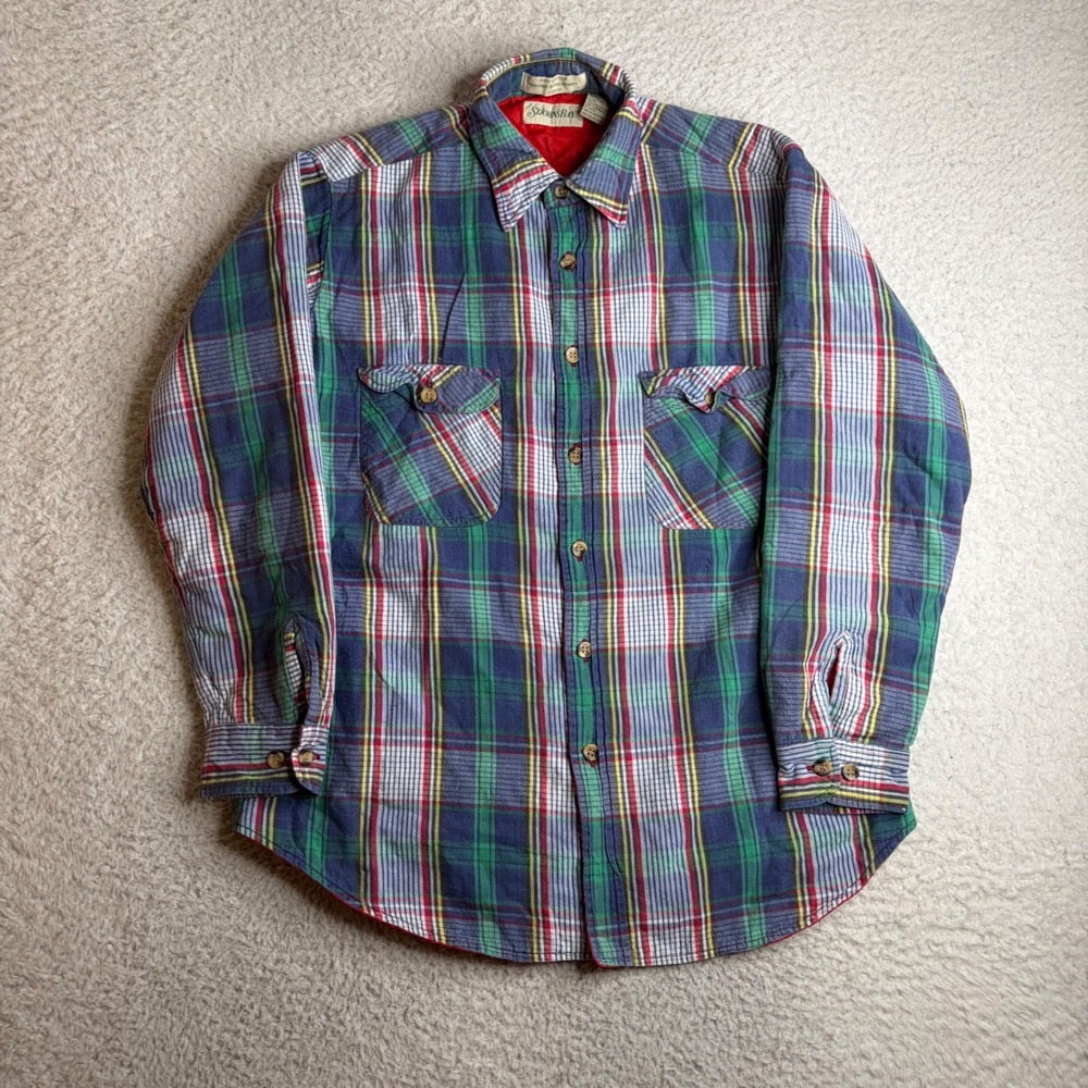 St Johns Bay Mens Large Quilted Flannel Work Shirt Blue Green Red Plaid Lined